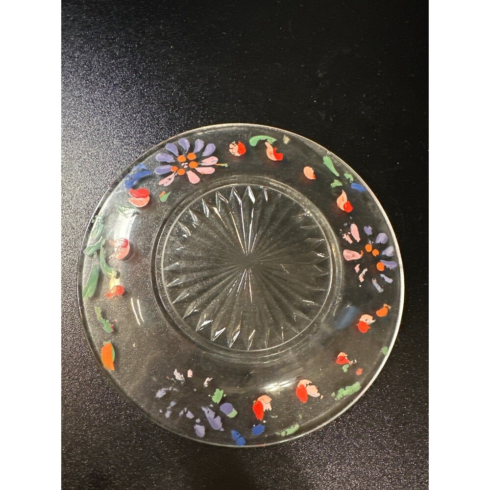 Vintage Clear Glass Plate Hand Painted Floral Enamel 7.25" Starburst Center - Picture 8 of 8